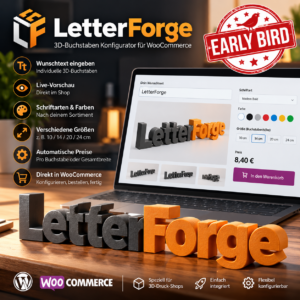 Verkaufe personalisierte 3D-Buchstaben direkt in deinem WooCommerce-Shop. LetterForge integriert einen leistungsf&auml;higen Buchstaben-Konfigurator direkt in WooCommerce. Deine Kunden geben ihren Wunschtext ein, w&auml;hlen verf&uuml;gbare Schriftarten, Farben, Gr&ouml;&szlig;en und weitere Optionen und sehen ihre Konfiguration direkt im Shop. 🔥 Early-Bird-Angebot: Nur die ersten 10 Lizenzen f&uuml;r 29 &euro; statt sp&auml;ter 49 &euro;. Einmal kaufen &ndash; LetterForge nutzen.